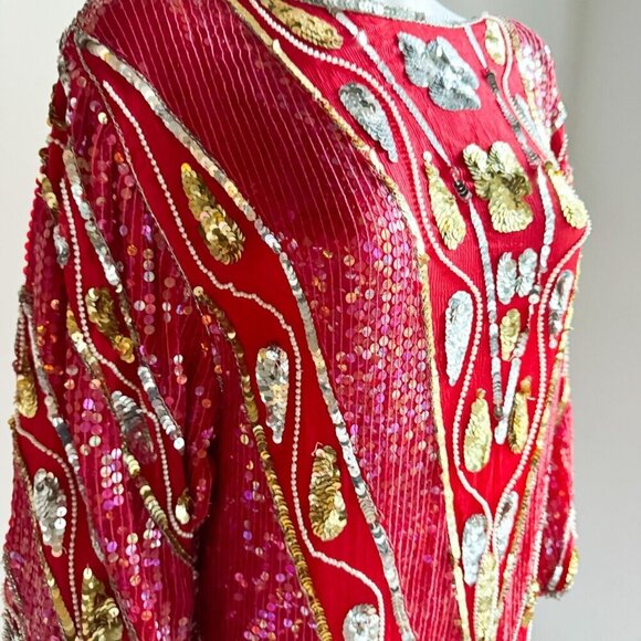 Vintage Red Silk Beaded Embroidered Long Sleeve Sheath Dress S/M - Picture 9 of 13